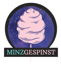Das Minzgespinst-Logo. Eine rosa Zuckerwatte vor einem Kreis in einem Galaxy-Stil. Darunter steht in Großbuchstaben Minzgespinst.