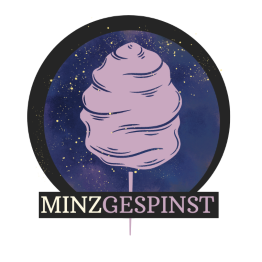 Das Minzgespinst-Logo, eine dunkelrosa Zuckerwatte vor einem kreisförmigen Galaxy-Hintergrund. Darunter steht in Großbuchstaben Minzgespinst.