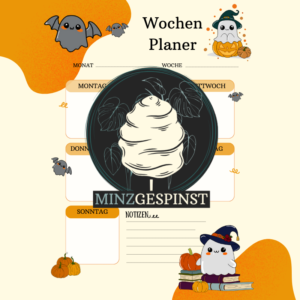 Ein orange-creme farbener Hintergrund, mit Geistern, die lesen, Tee trinken oder auf einem Kürbis sitzen.