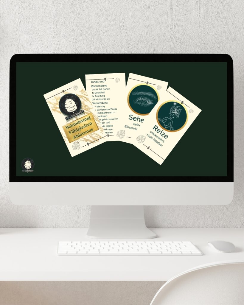 Mock-Up Fähigkeiten Kartenset (digital) mit Vorschau: Behinderung, Fähigkeiten, Ableismus (Deckblatt), Verwendungskarte, Sehen (keine Einschränkungen), Reize (unkonzentriert, nicht filterbar)