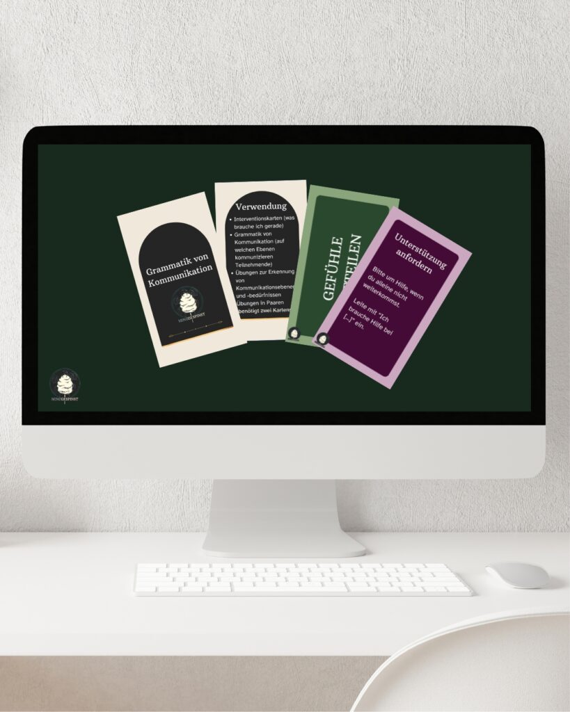 Mock-Up Kommunikation Kartenset (digital) mit Vorschau: Grammatik von Kommunikation, Verwendungskarte, Gefühle mitteilen (grün) und Unterstützung anfordern (lila)